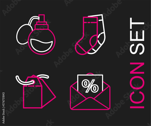 Set line Envelope with an interest discount, Blank label template price tag, Socks and Perfume icon. Vector