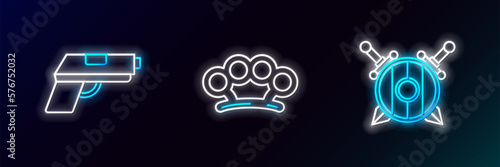 Set line Wooden shield with crossed swords, Pistol gun and Brass knuckles icon. Glowing neon. Vector