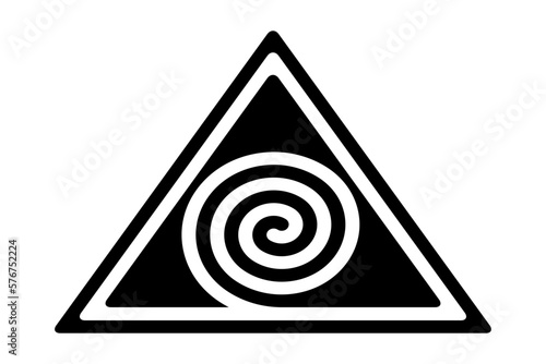 Two spirals in three triangles, a Hopi symbol. A black spiral forming a triangle, creating the optical illusion of a white spiral, forming a white triangle, surrounded by a black triangular border.