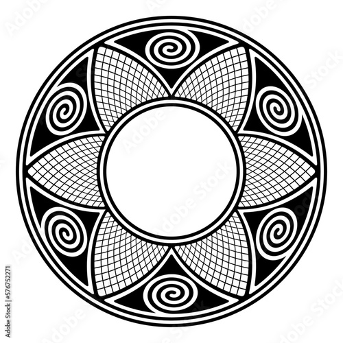 Circle frame with Hopi patterns. Decorative ornament, inspired by traditional pottery motifs of the Hopi, a Native American ethnic group. Spirals in triangles, alternating with triangle shaped nets.
