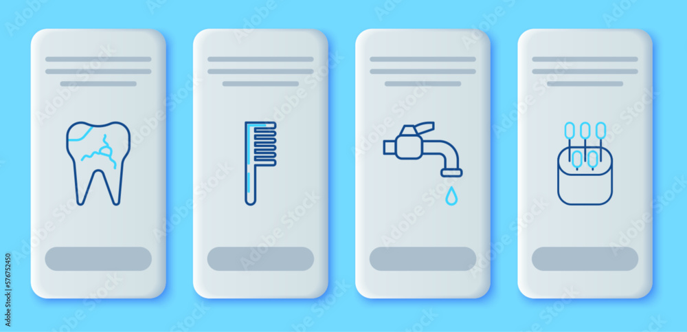 Set line Hairbrush, Water tap, Broken tooth and Cotton swab for ears icon. Vector