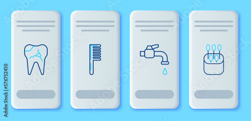 Set line Hairbrush, Water tap, Broken tooth and Cotton swab for ears icon. Vector