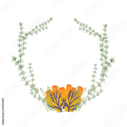 Marine frame vector stock illustration. Corals, reefs, algae. Round frame, wreath. Isolated on a white background.