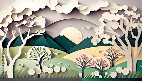 Blooming Trees Illustration Background of Spring Scenery in Papercut Style. Generative AI