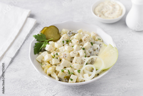 Wallpaper Mural Traditional polish salad with apple, pickled cucumber, onion and mayonnaise on a light gray background Torontodigital.ca