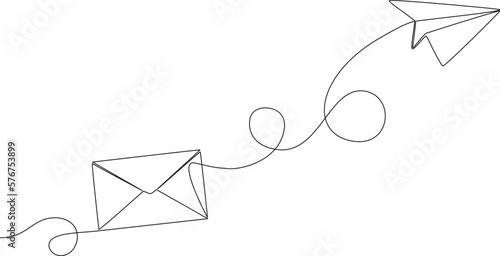 continuous single line drawing of envelope and paper plane, line art vector illustration