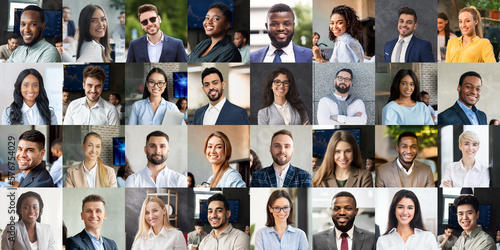 Cheerful business people posing on diverse backgrounds, collage