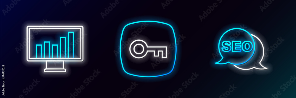 Set line SEO optimization, Monitor with graph chart and Key icon. Glowing neon. Vector Set line SEO optimization, Monitor with graph chart and Key icon. Glowing neon. Vector