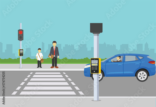 Children leaving school crossing and red light for car stopping where a car is waiting for green signal. traffic signal area, crossing road sensing system stoppage location, Autonomous Vehicle concept photo