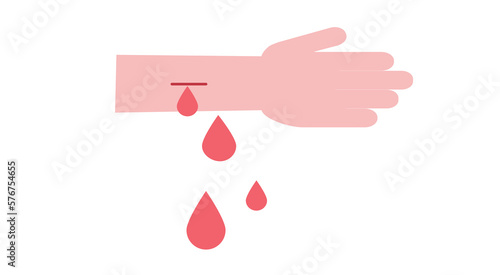 blood loss and blood drop from cut hand. Cut in hand with sharps and bleeding in hand with red blood drop vector illustration.