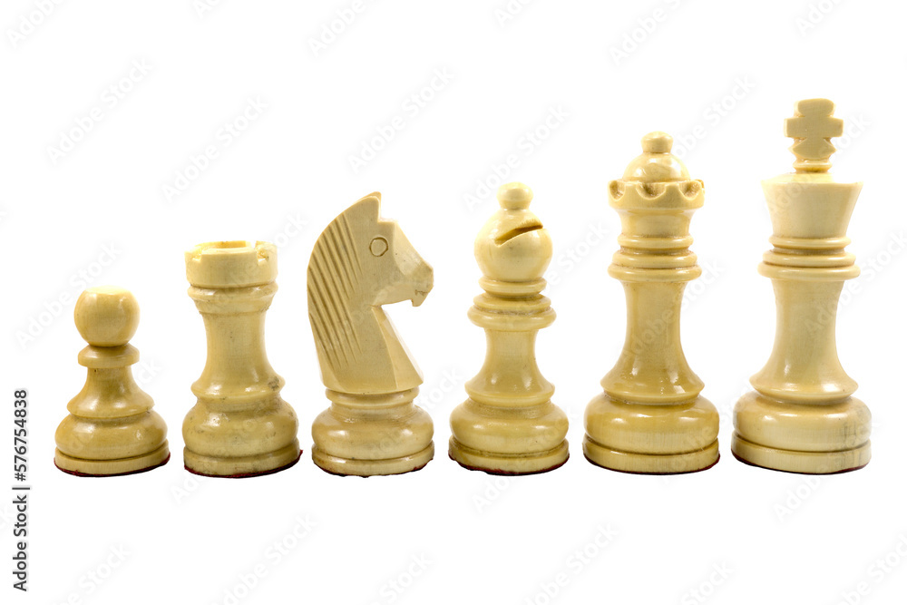 White chess pieces made of wood in descending order isolated on transparent background. White chess pieces made of wood in descending order isolated on transparent background.