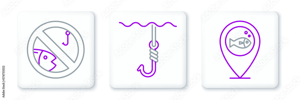 Set line Location fishing, No and Fishing hook under water icon. Vector