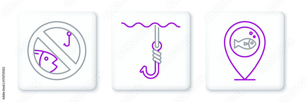 Set line Location fishing, No and Fishing hook under water icon. Vector Set line Location fishing, No and Fishing hook under water icon. Vector