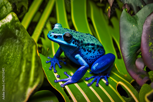 Blue frog on leaves in tropical jungle. Generative AI