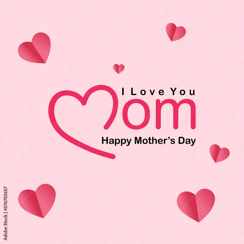 Mother's day greeting card. Vector banner with flying pink paper hearts. Love symbol on white background