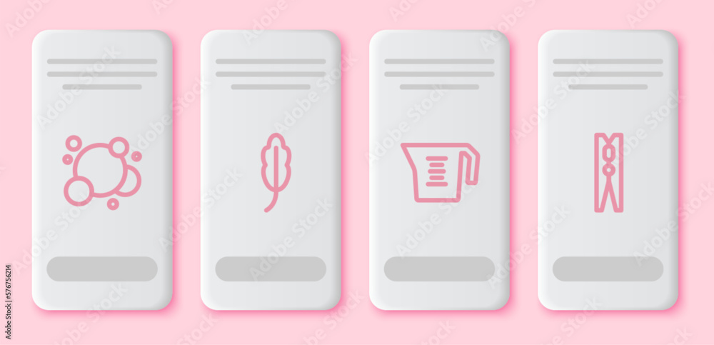 Set line Soap water bubbles, Feather, Measuring cup and Clothes pin. White rectangle button. Vector Set line Soap water bubbles, Feather, Measuring cup and Clothes pin. White rectangle button. Vector