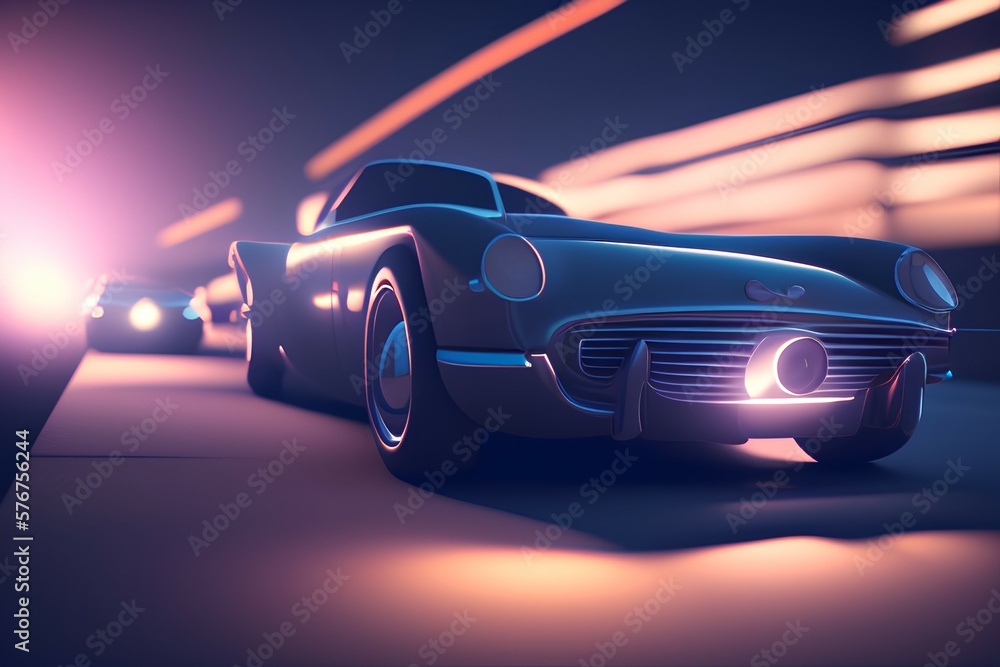 Front view of turning on the headlights in the car at night. 3d rendering - generative ai
