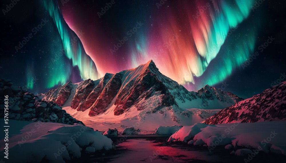 Aurora borealis above the snow covered mountain range. Northern lights in winter. Night landscape with polar lights and snowy mountains. Generative AI