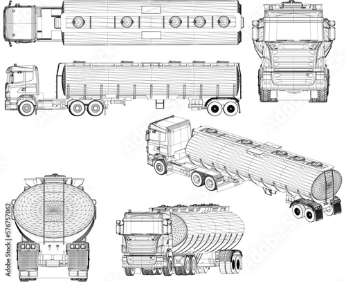 Long oil and water tanker truck illustration vector sketch for industry