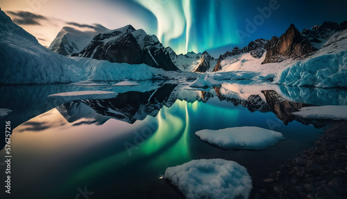 Aurora borealis above the snow covered mountain range. Northern lights in winter. Night landscape with polar lights and snowy mountains. Generative AI