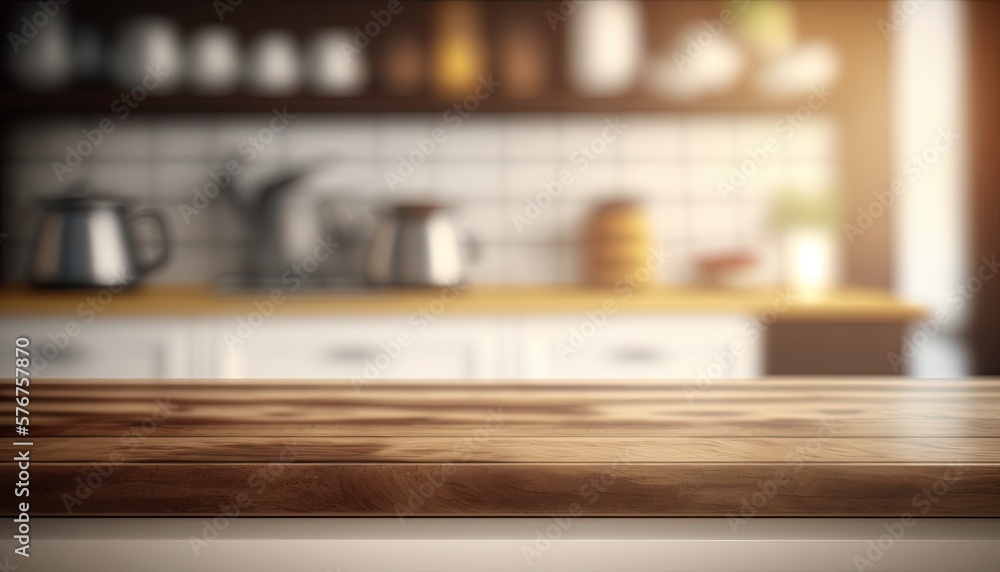 Empty wooden top table blurry minimalist kitchen background Made with Generative AI