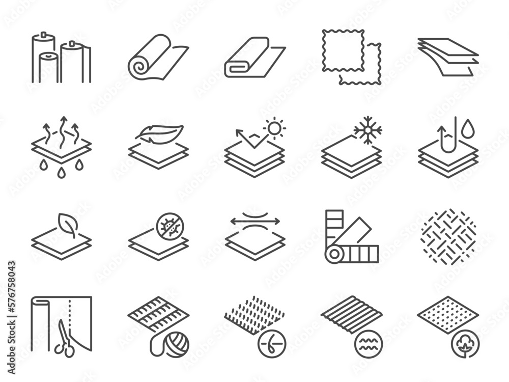 Fabric icon set. It included icons such as textile, wool, fur, corduroy, cotton, and more. - obrazy, fototapety, plakaty 