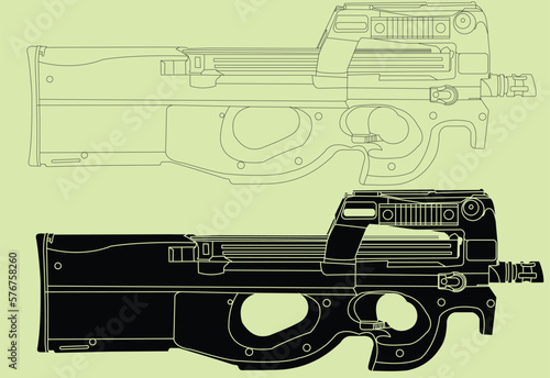 FN P90 vector illustration with outline and silhouette.
