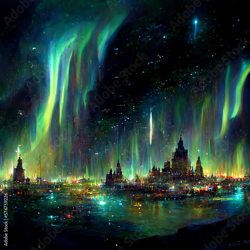 a city made out of stars in the aurora borealis - AI Generative
