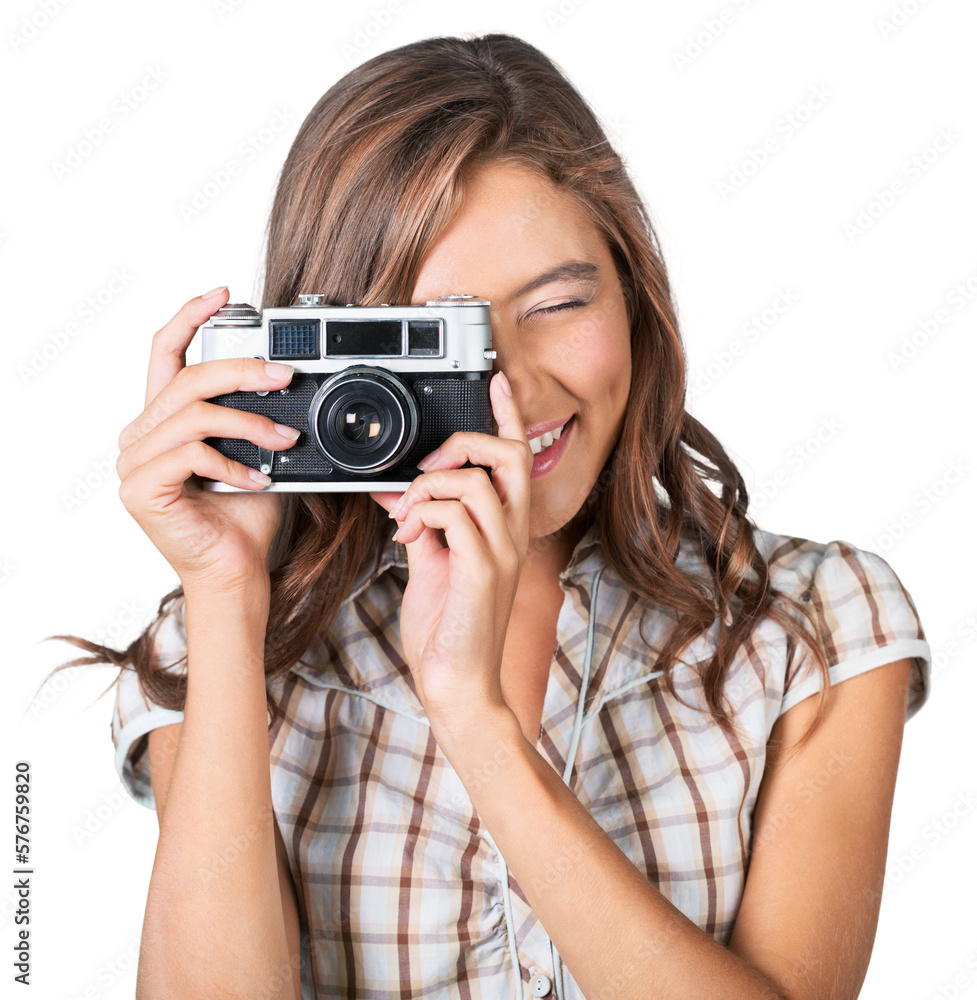 Portrait of the young female photographer with a vintage film camera. Portrait of the young female photographer with a vintage film camera.