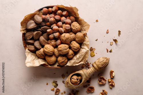 Top view of dried fruit: nuts,  hazelnuts, in sack on the table. Top view. photo