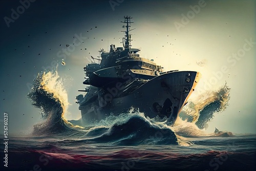 Military Naval Vessels Set Out on Secret Mission in the Sea: A Menacing Maritime Scene. Generative AI