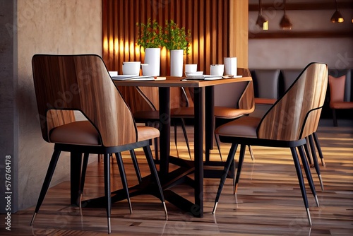 Luxurious Modern Design of a Wooden Table and Chairs Set for Business and Lifestyle Events. Generative AI