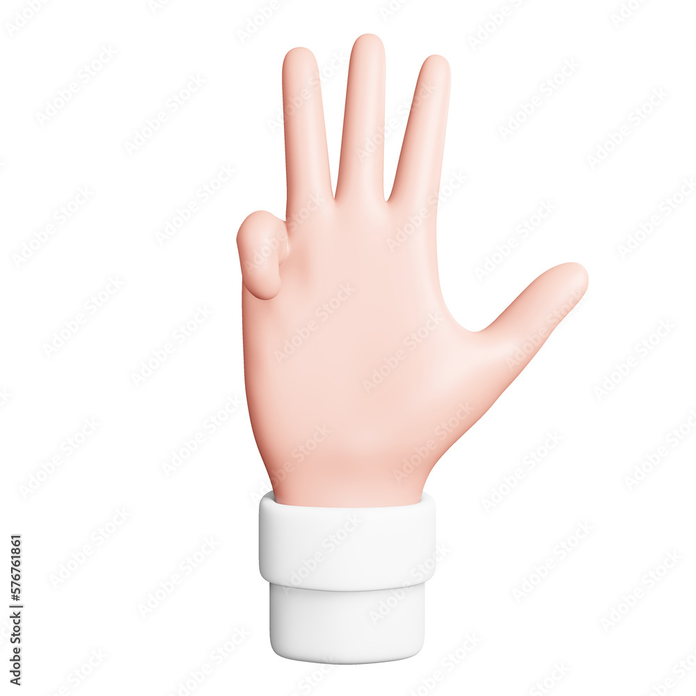 Four Number gesture hand 3D icon in front view - White sticker style Four Number gesture hand 3D icon in front view - White sticker style