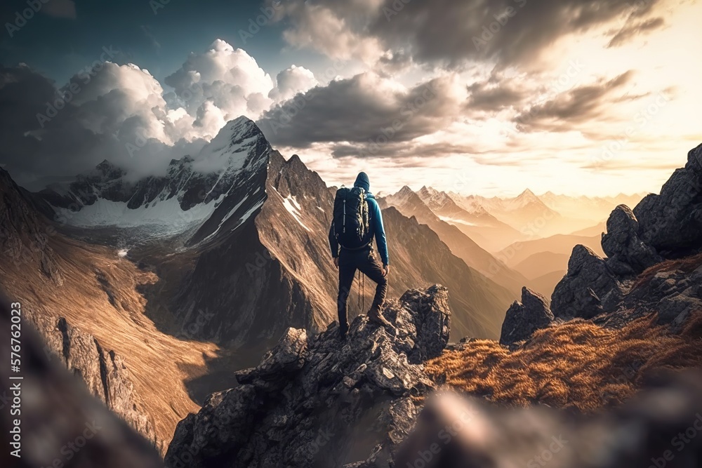Hiker standing at mountain summit appreciating the amazing view of landscape. Generative AI - obrazy, fototapety, plakaty 