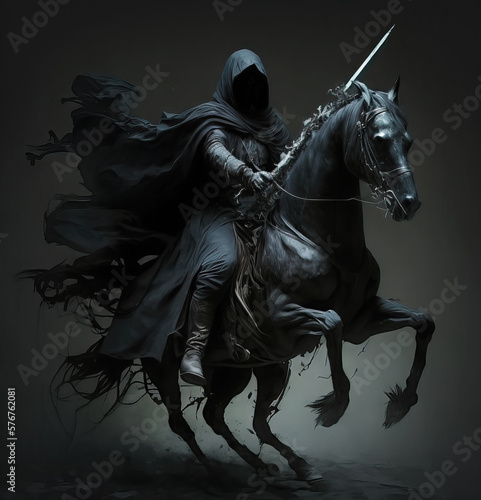 The dark knight in a cape on a horseback rearing, the ange of death, apocalypse dark fantasy concept. Generative AI