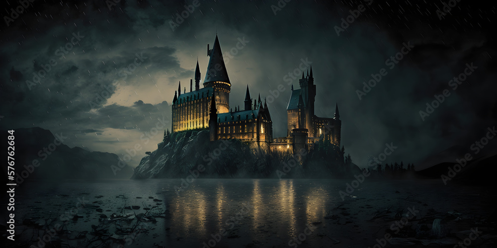Hogwarts castle at magical night. Generative AI illustration - obrazy, fototapety, plakaty 