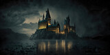 Hogwarts castle at magical night. Generative AI illustration