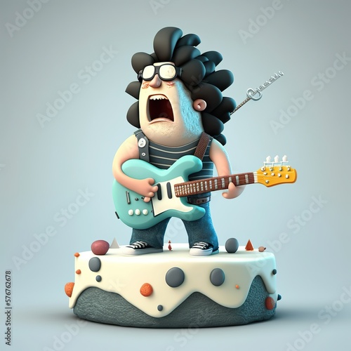 happy cute  musician holding acoustic guitar looking at camera having birthday cake , Generative Ai
