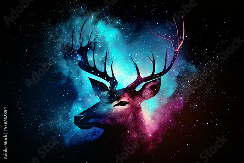 Aesthetic heavenly deer at universe full of stars on black background.  Digitally generated AI image
