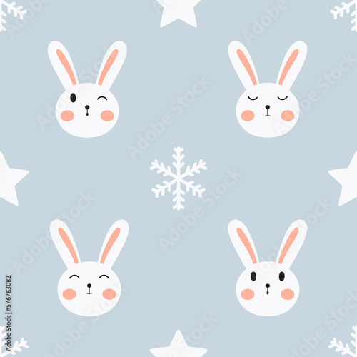 seamless pattern rabbits with stars and snow
