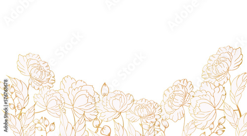 Luxury flower gold line art wallpaper. Elegant botanical pale pink PEONY flowers and decor background. Design illustration for decorative, wedding cards, home decor, packaging, print, cover, banner.