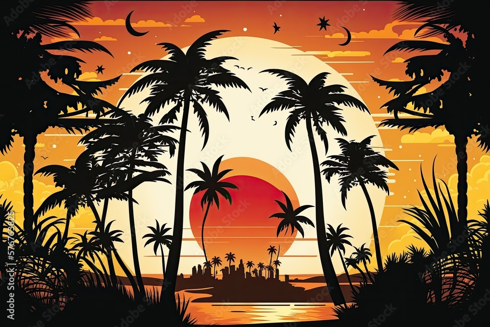 Sunset over the palm trees in Goa, India. Generative AI