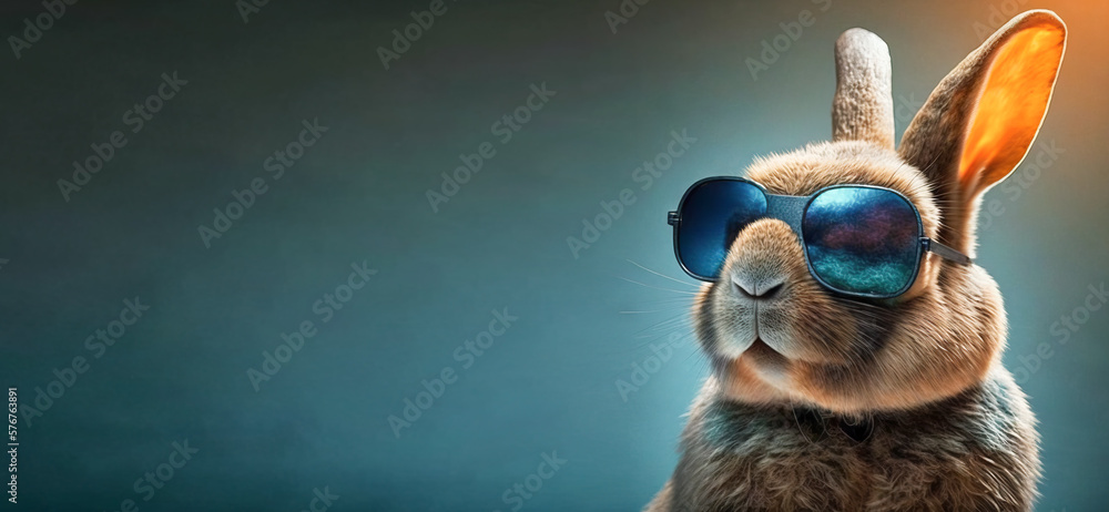 Boss rabbit wearing shades, cool rabbit on blue background with sunglasses. Image created with generative ai. - obrazy, fototapety, plakaty 