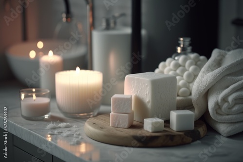 Luxurious Spa-Style White Bathroom with Himalayan Salt Chunks and Soft Towels, generative ai