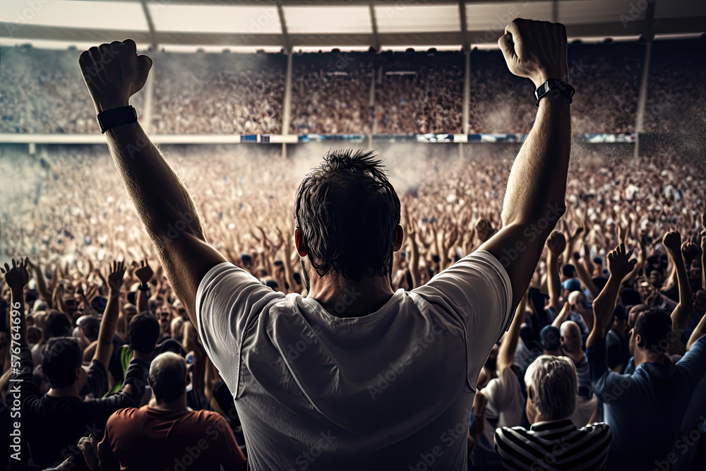Φωτογραφία Generative Illustration AI of man with arms in the stands of a crowded stadium
