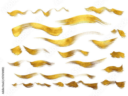 金箔水彩テクスチャ、ゴールドに輝く抽象的な毛筆・ブラシストロークのセット、透明背景