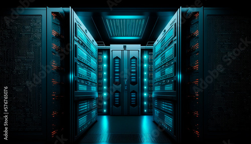 Modern high tech internet data center with rows of racks with network and server view. Data Center Computer Racks In Network Security Server Room Cryptocurrency Mining, generative ai