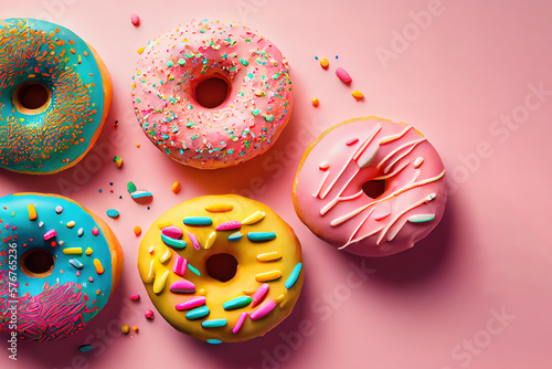 Group of colourful doughnuts lies on pink background. Generative Ai