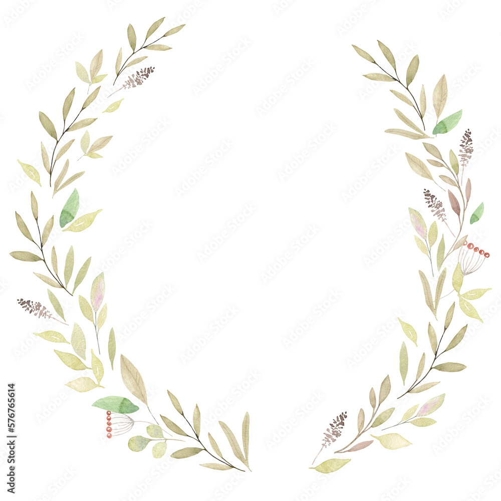 Naklejka premium Watercolor tiny details delicate colors round wreath. Hand painted abstract greenery.
