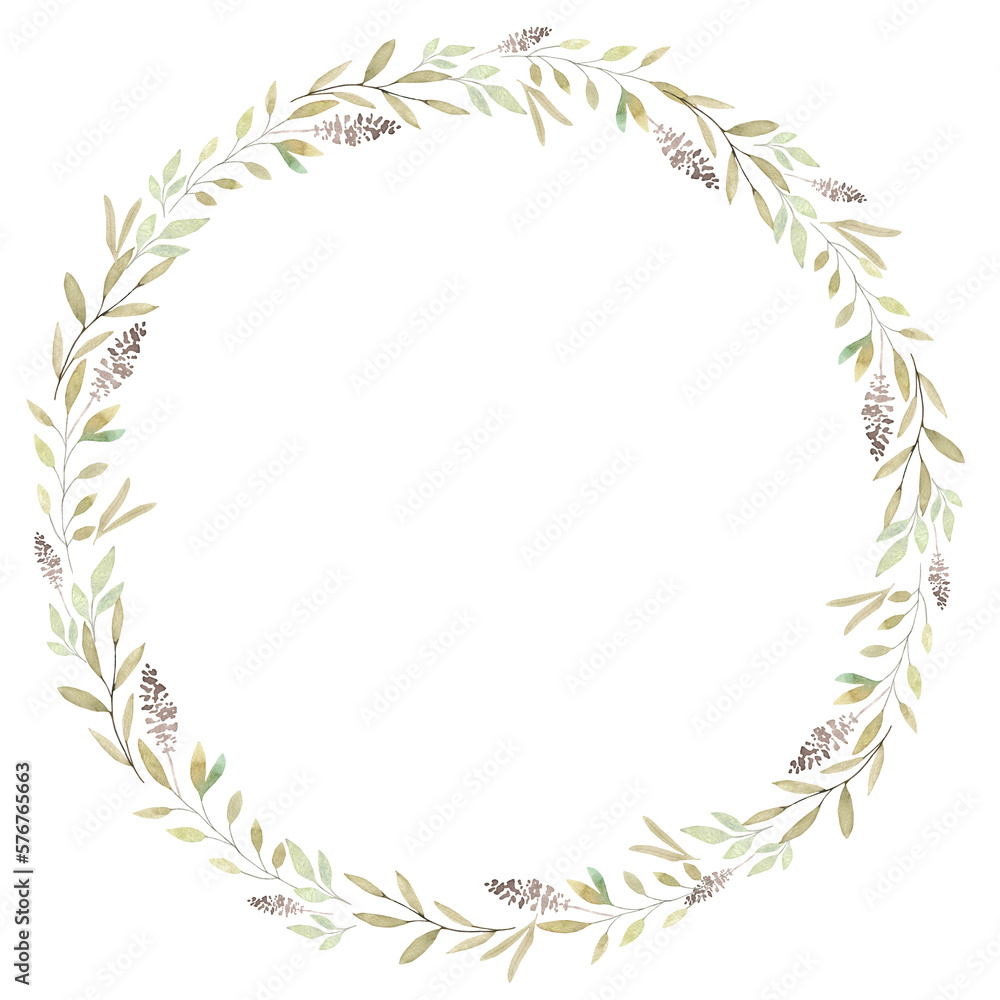 Watercolor round wreath with delicate leaves sprigs Hand painted greenery decor Watercolor round wreath with delicate leaves sprigs Hand painted greenery decor